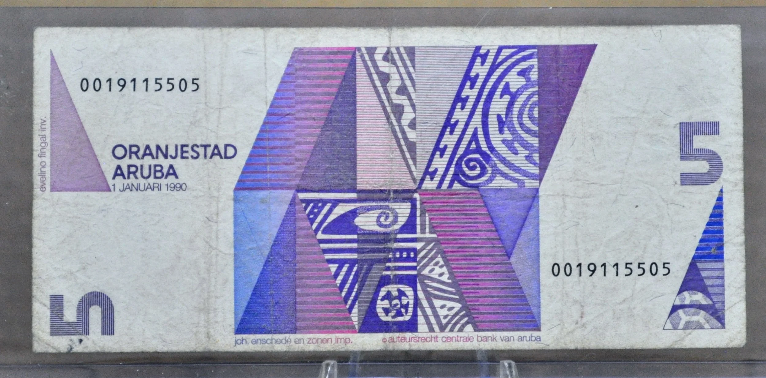 1990 Central Bank of Aruba 5 Florin Note - Geometric Sea Turtle Issue - Choose by Grade - 1990 Carribean Aruba Five Florin Note - P#6 - Image 4