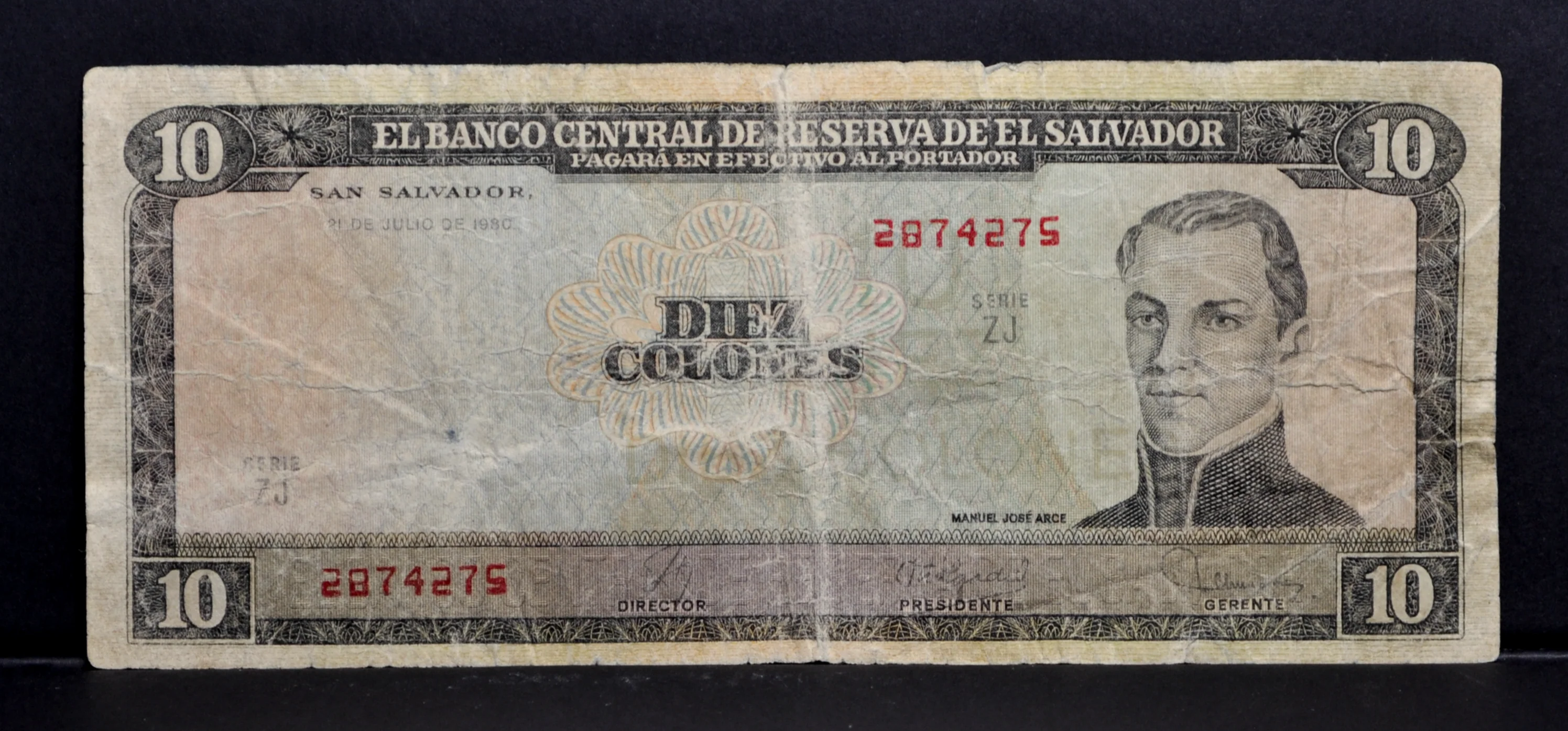 1980 El Salvador 10 Colones Note - Electric Serial Font, Replacement Note - 1980 El Salvadorian Ten Colones Banknote - P#129b - Image 3