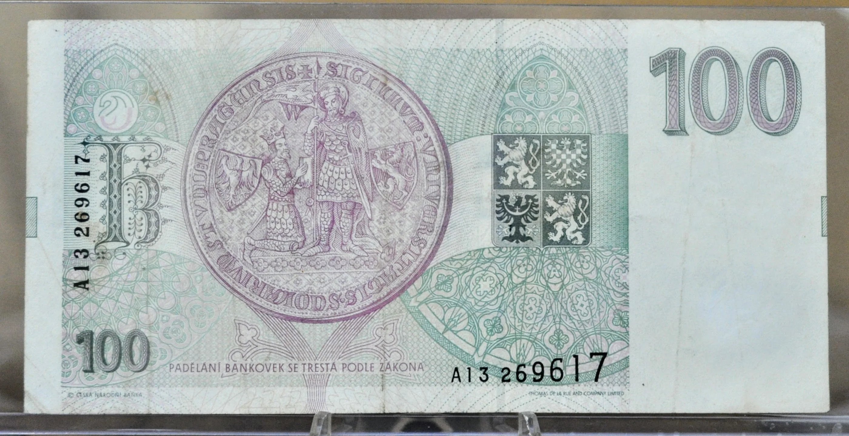 1993 Czech Republic 100 Korun Banknote - Prefix A, First Issue - King Karl IV Note - 1993 Czech One Hundred Korun Note - P#5a - Image 2