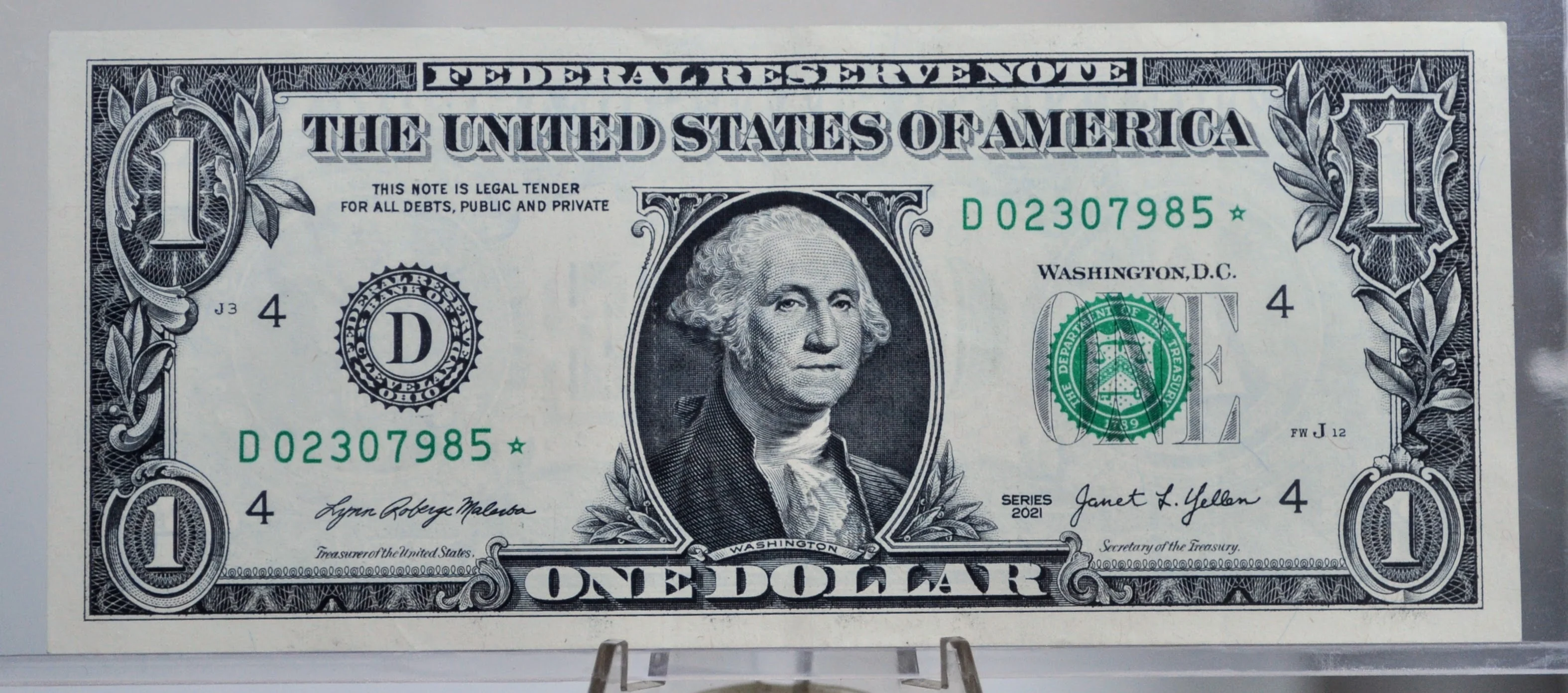 2021 1 Dollar Federal Reserve Star Note - Almost Uncirculated (AU) - Cleveland (D) Issue - 2021 One Dollar Star Note - Fr.3007-D* - Image 5