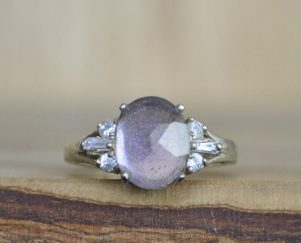 Antique Sterling Silver Ring Gold Tone - Size 8 Ring Size 8 (18.1 MM Band) - Purple Fluorite and Cubic Zirconia Stones - 925 Silver