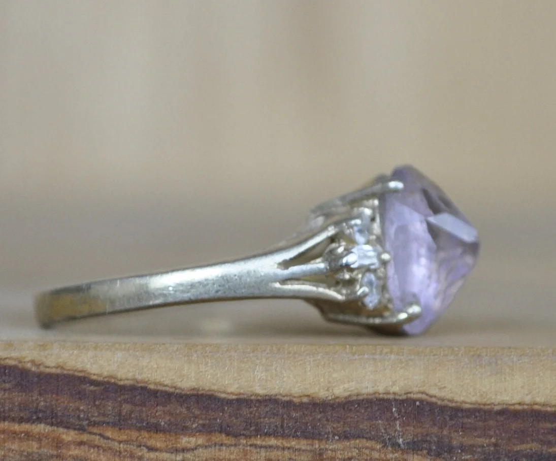 Antique Sterling Silver Ring Gold Tone - Size 8 Ring Size 8 (18.1 MM Band) - Purple Fluorite and Cubic Zirconia Stones - 925 Silver - Image 2