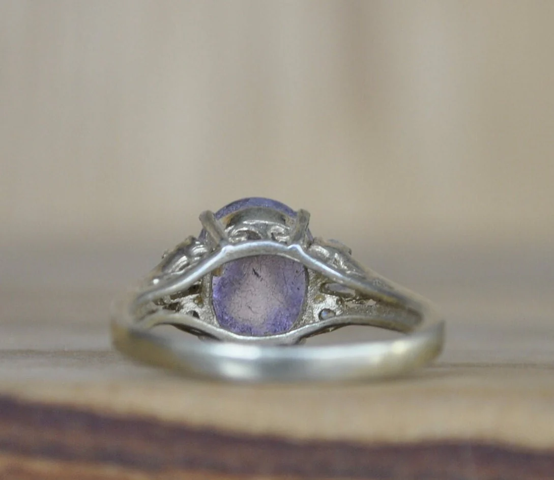 Antique Sterling Silver Ring Gold Tone - Size 8 Ring Size 8 (18.1 MM Band) - Purple Fluorite and Cubic Zirconia Stones - 925 Silver - Image 5