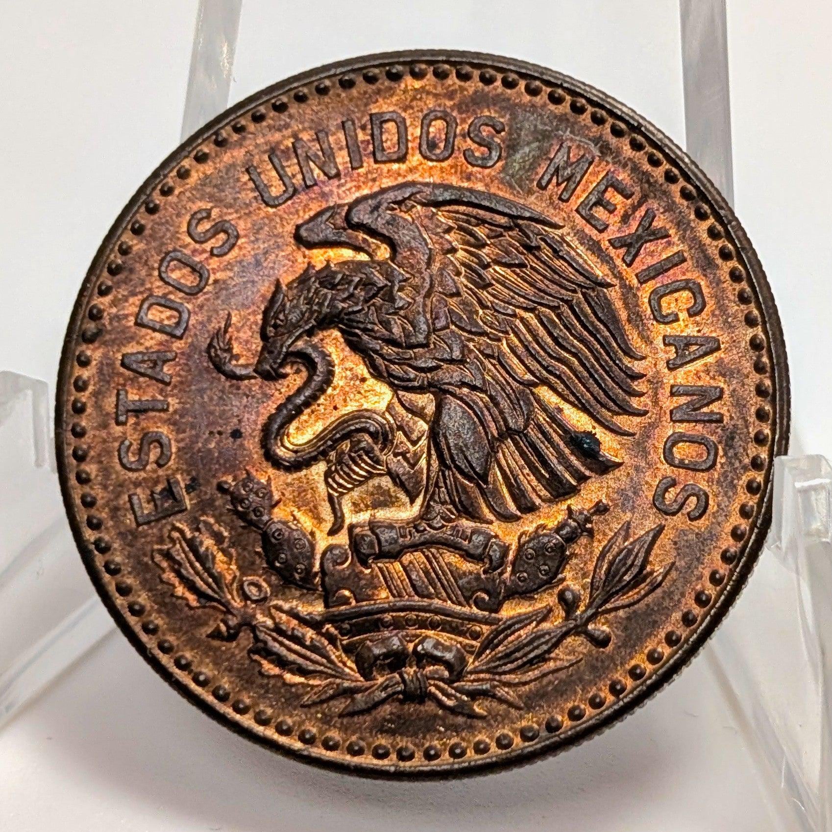 Beautiful 1959 Mexico Fifty Centavos Cincuenta Bronze Cuauhtémoc Aztec Design AU UNC - Image 2
