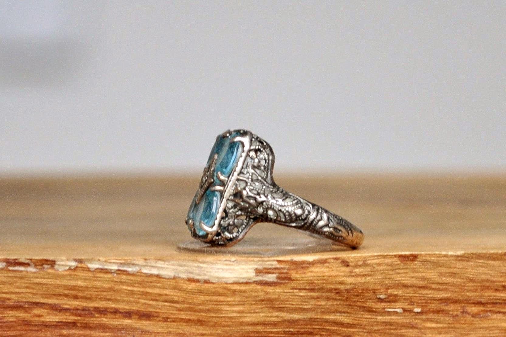 Designer CNA Victorian Revival Blue Topaz Ring - Size 5 - Stamped and Tested Sterling Silver - Diamond Accent - - Image 4