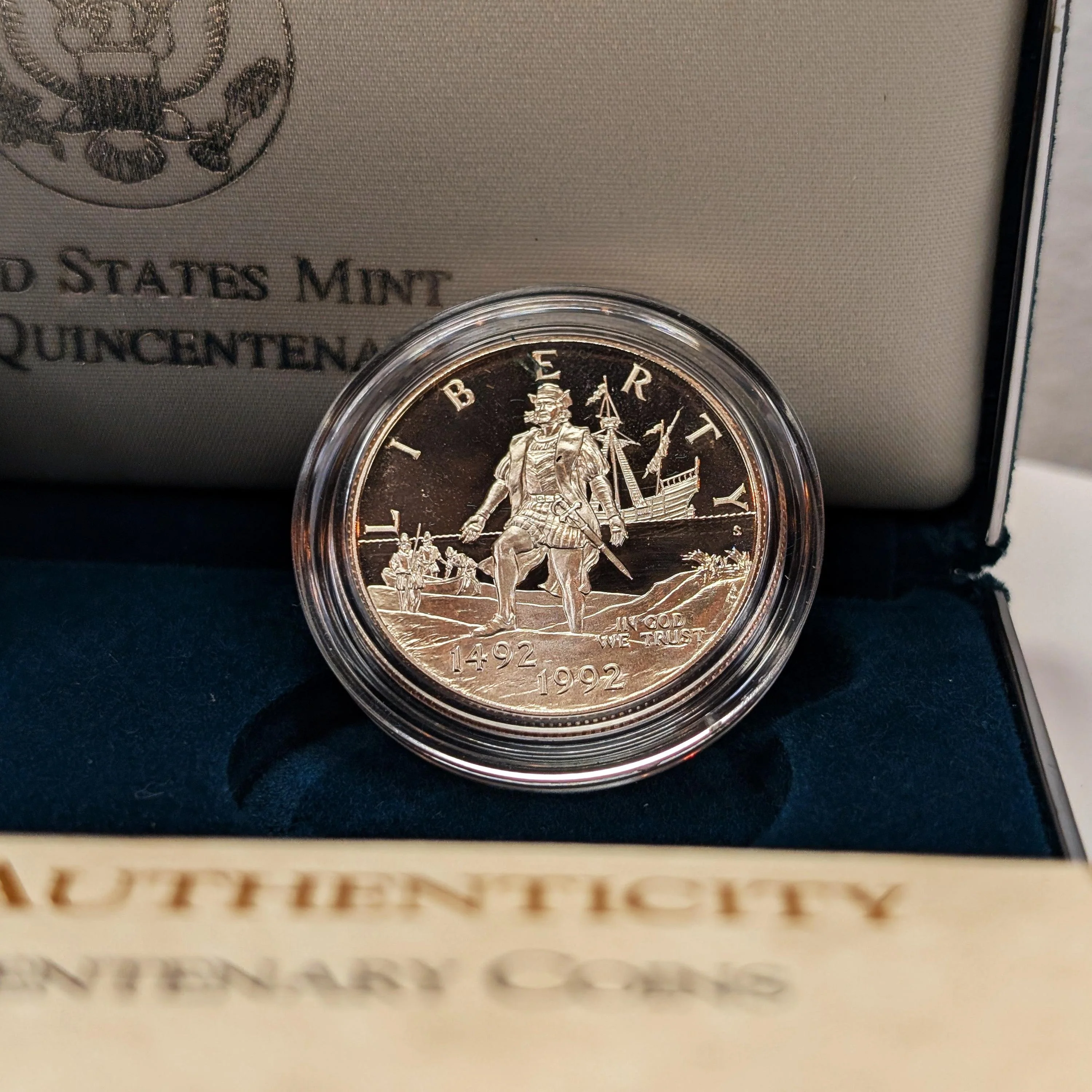 1992 P + S Columbus Quincentenary Silver Dollar Clad Half Dollar 2 Coin Set W/ Box And Coa - Image 3