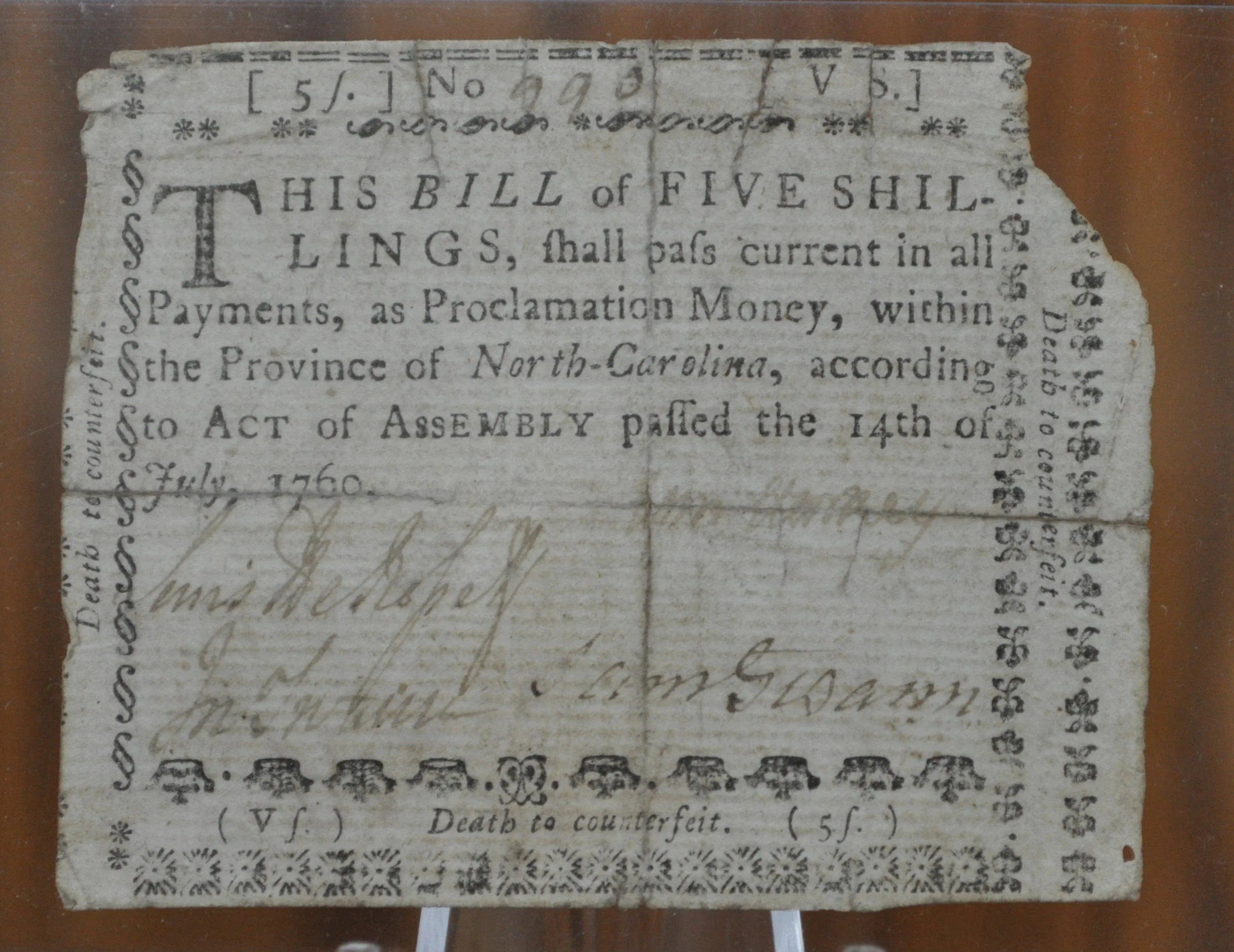 Rare 1760 State of North Carolina 5 Shillings Note July 14th 1760 - Continental Currency - NC Five Shilling Note 1761 - NC-107 - NC 7/14/1760, Colonial Note - Image 2