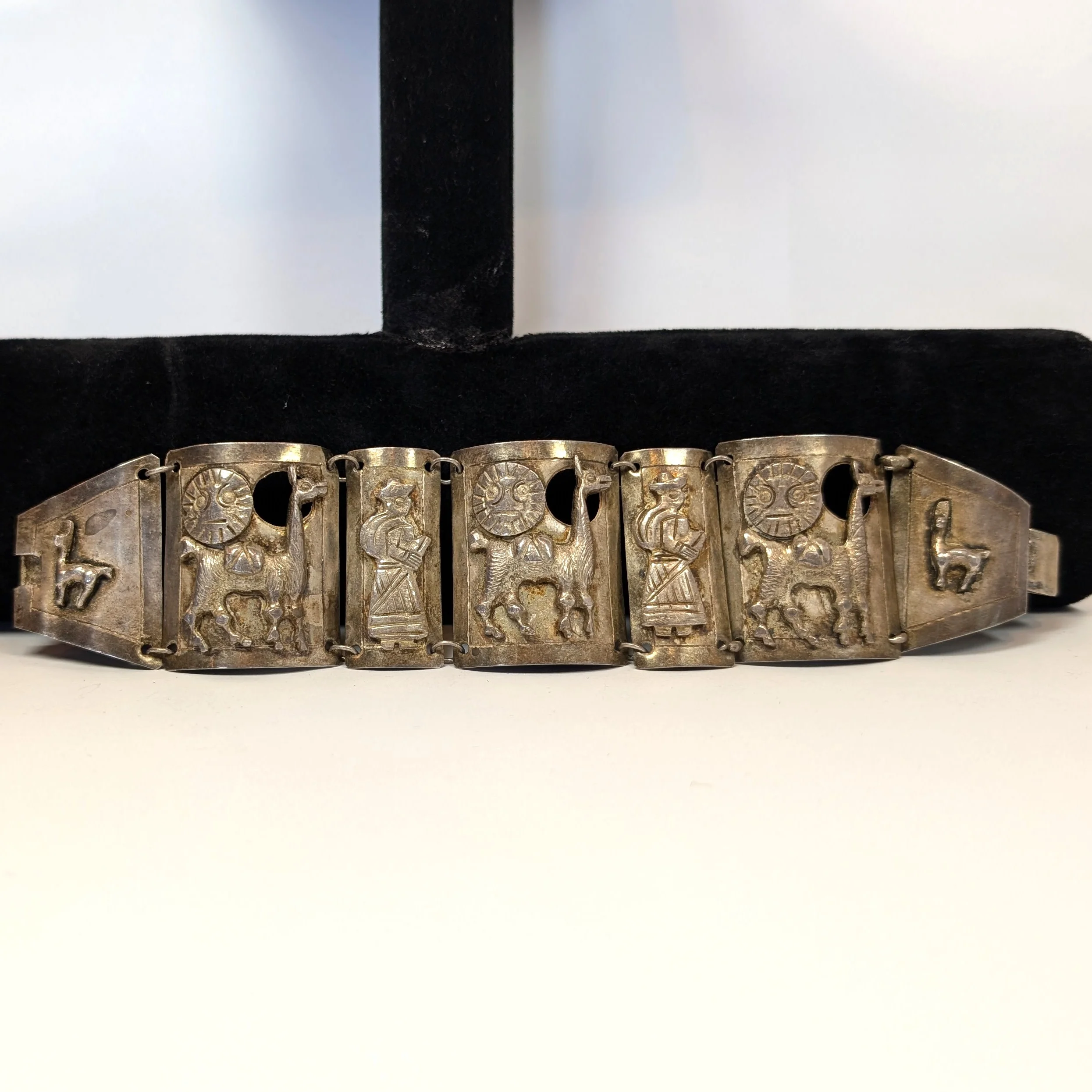Sterling Llama & Peasant Storyteller Folk Art Panel Bracelet Hand signed "MM" Incan Peru - Image 3