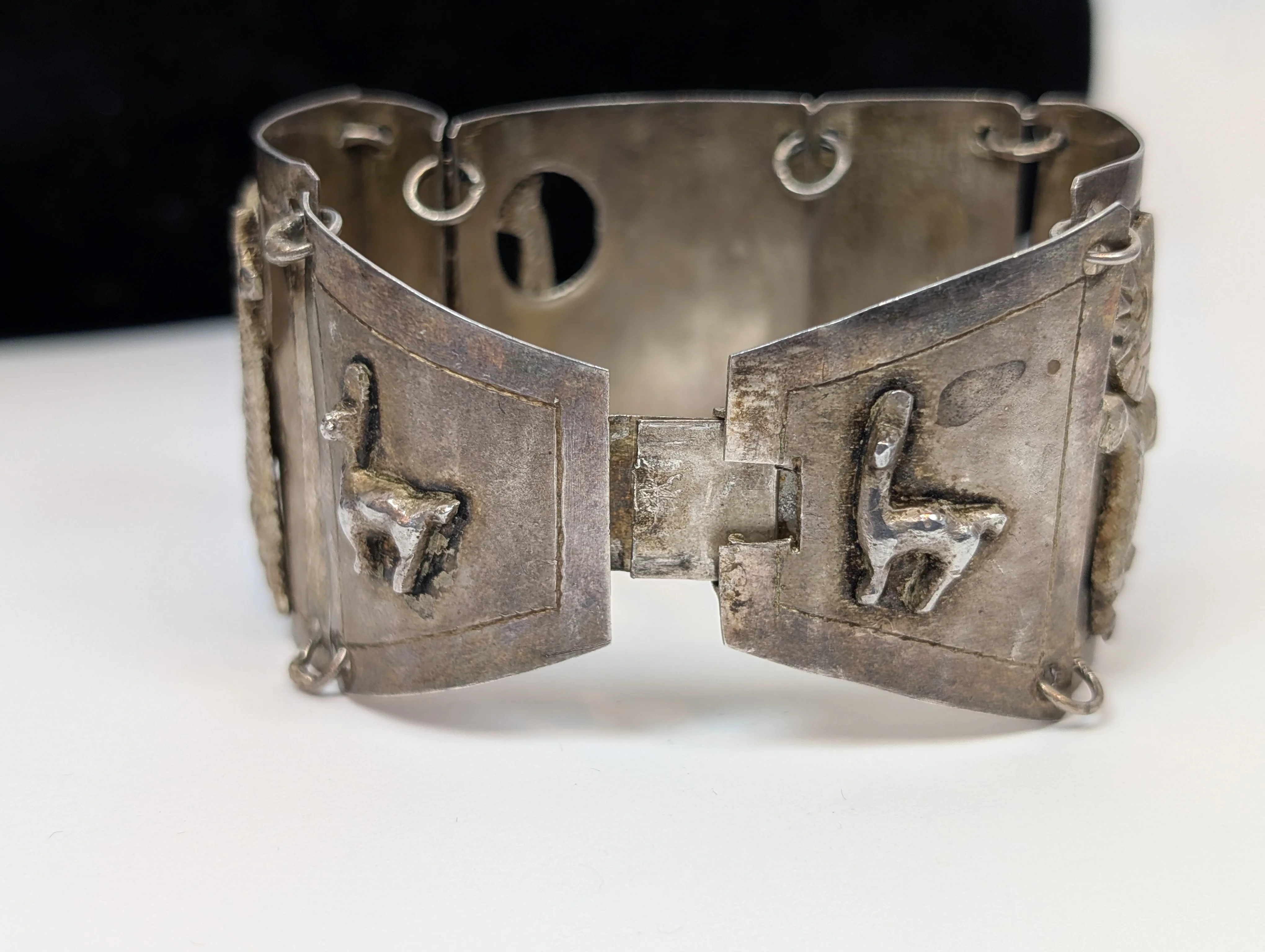 Sterling Llama & Peasant Storyteller Folk Art Panel Bracelet Hand signed "MM" Incan Peru - Image 9