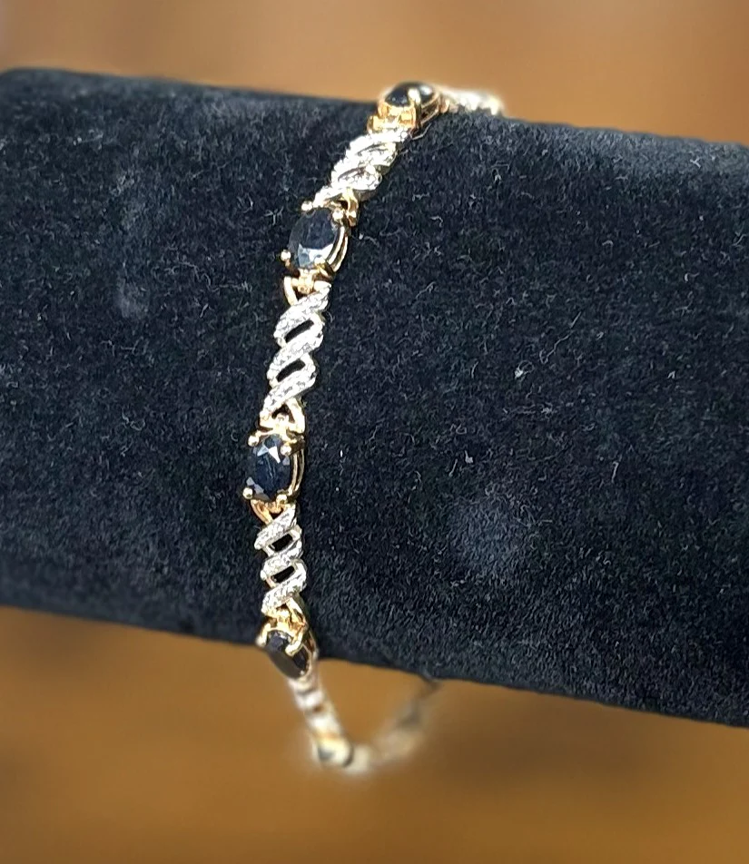 Vintage Ross-Simons 925 Sterling Silver Sapphire & Faux Diamond Tennis Bracelet - Ross-Simons R Hallmark Blue Sapphire Tennis Bracelet Gold & 925 Silver - Image 2