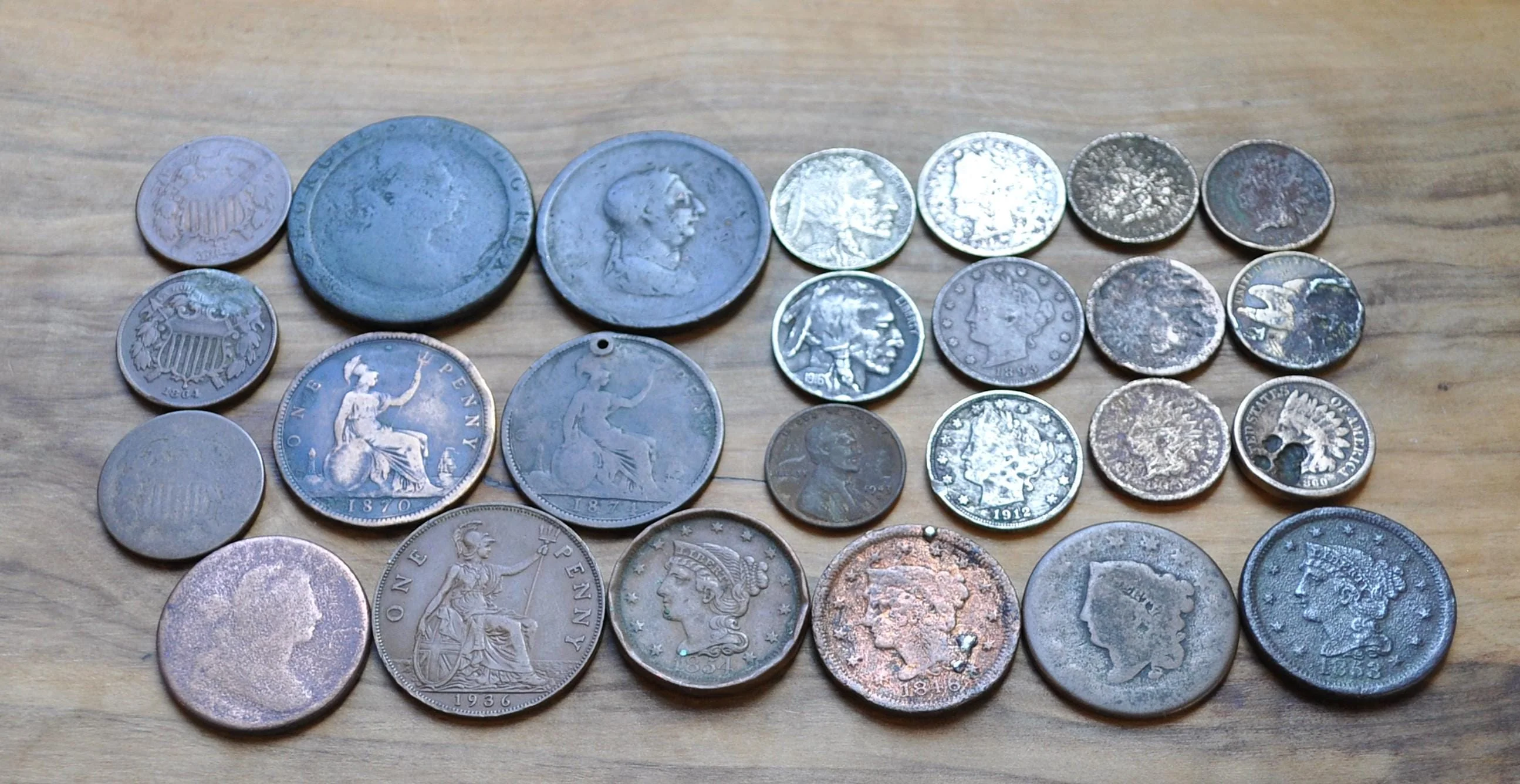 Old Coin Lot, 24 Coins, US & UK Coins 1790's-1930's - Varying Conditions, Great Deal! Us Large Cents, Indian Head Cent Exact Coins in Photo - Image 2