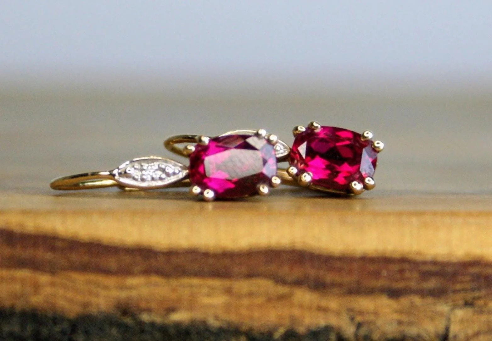 14K Gold Oval Cut Ruby and Small Diamond Accent Lever Back Drop Earrings - Bright Red Rubies - 14K Yellow Gold Ruby Earrings - Image 3