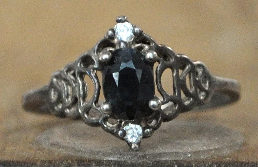 Vintage Style Dark Sapphire Sterling Silver Ring Sz 10.5 - Size 10.5 Sterling Silver Ring with Oval Sapphire and Cubic Zirconia Accents - Image 2