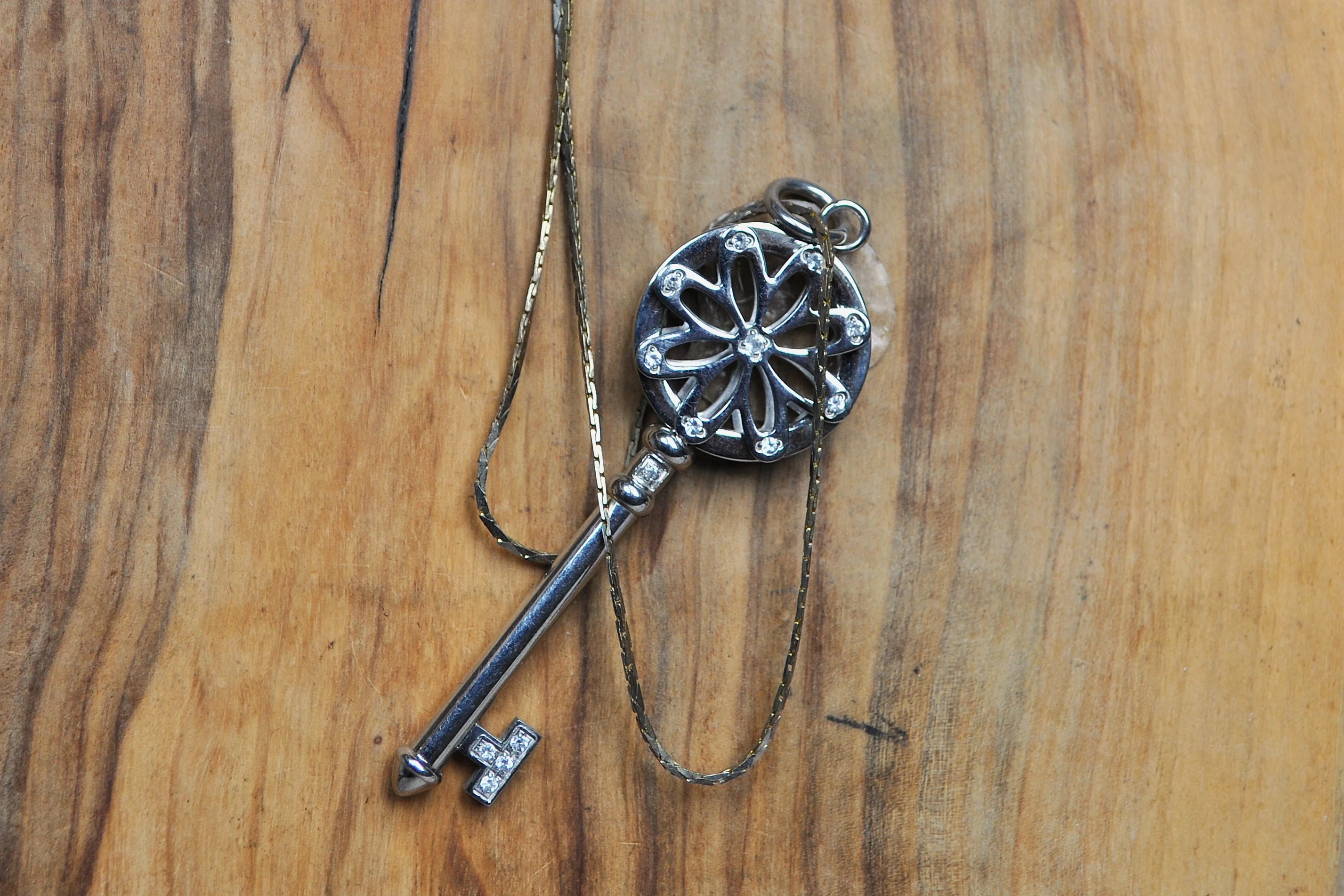Scarce Stainless Steel Key to Success Pendant Necklace - 18 Inches - Studded Rhinestones - Image 2