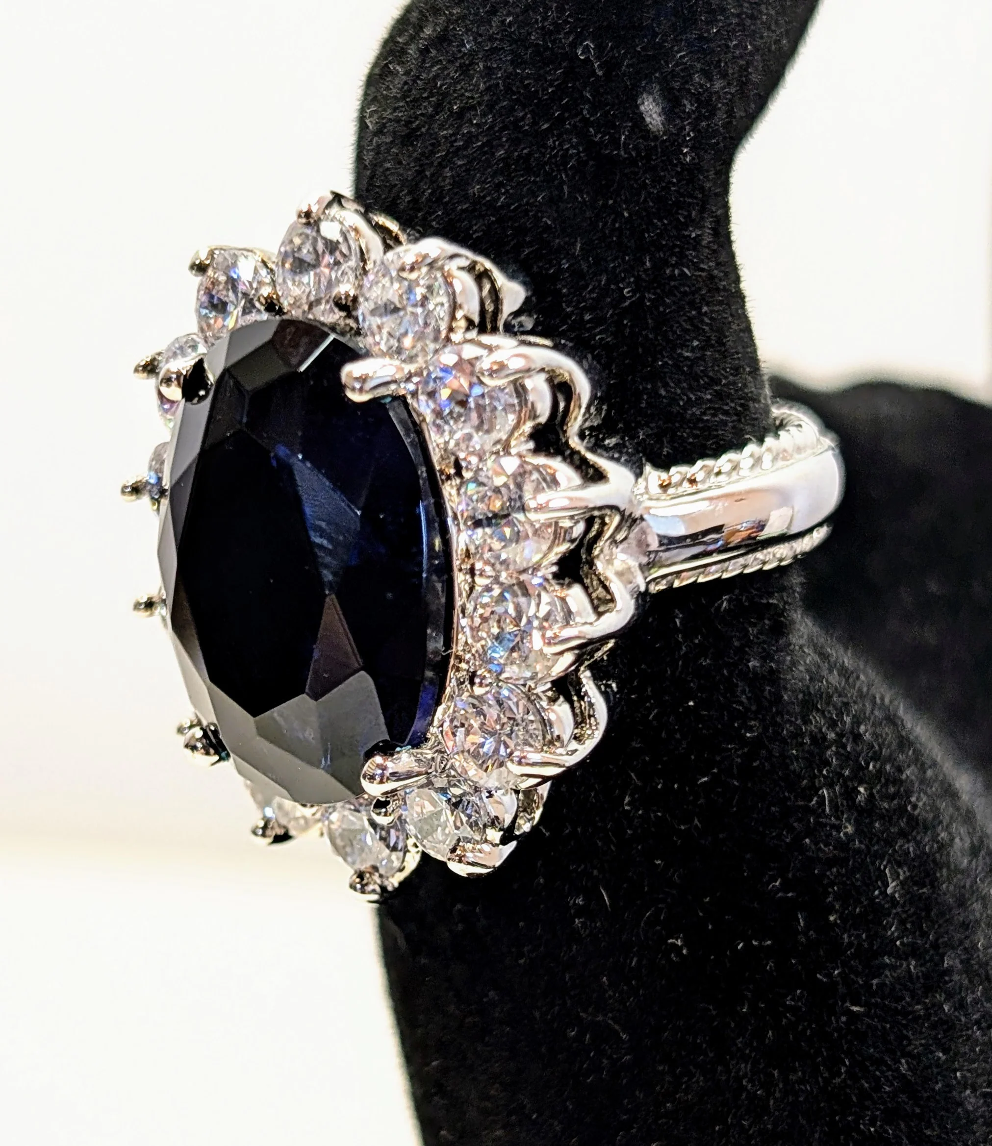 Designer Kenneth Jay Leno Silver Toned Lab-Created Sapphire Classic Statement Ring - Size 7 - Vintage KJL Silver Sapphire Cocktail Ring - Image 2