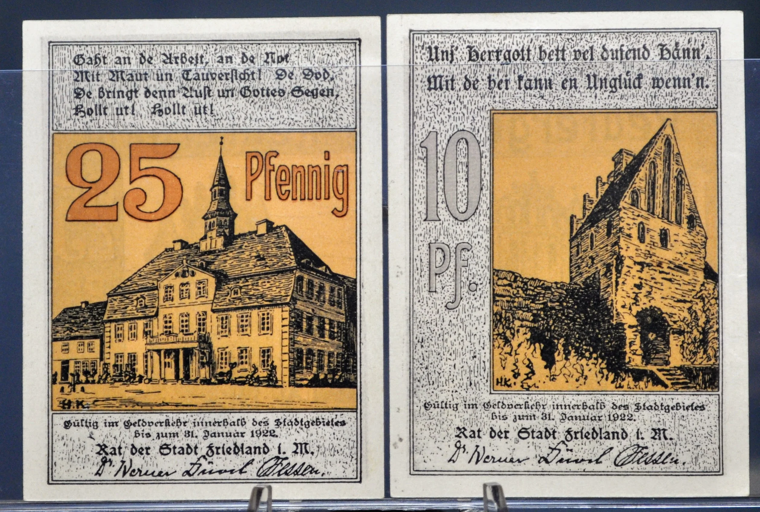 Set of 2 1922 Friedland 10 & 25 Pfennig Notgeld - Mecklenburg-Schwerin Note - 1922 German Emergency Ten and Twenty-Five Pfennig Notes - Image 2