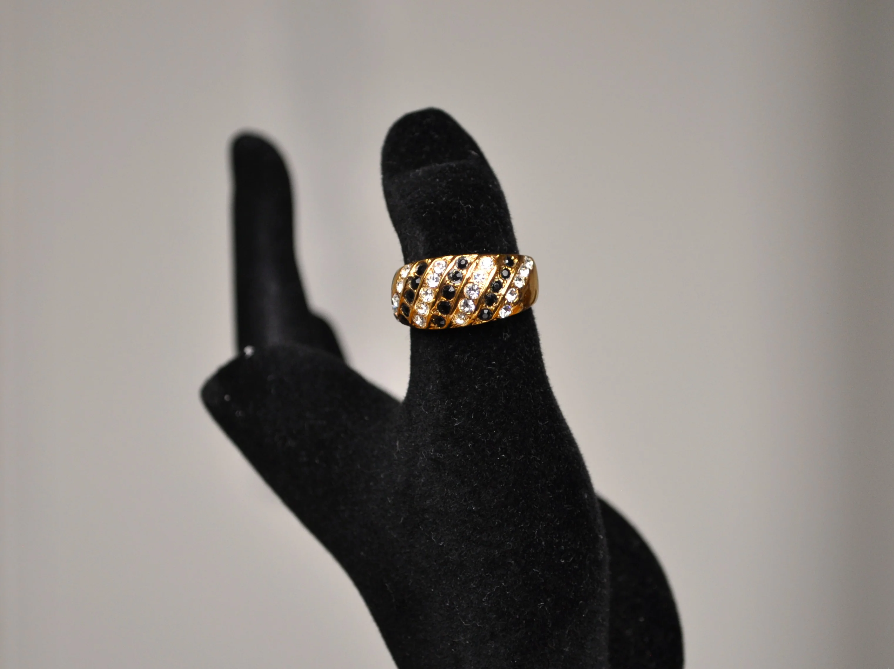 Shining 18K Gold Electroplated Black & Clear Crystals Ring - Size 6 - Electroplated Gold Rings - Black & Clear Crystal Ring - Image 3