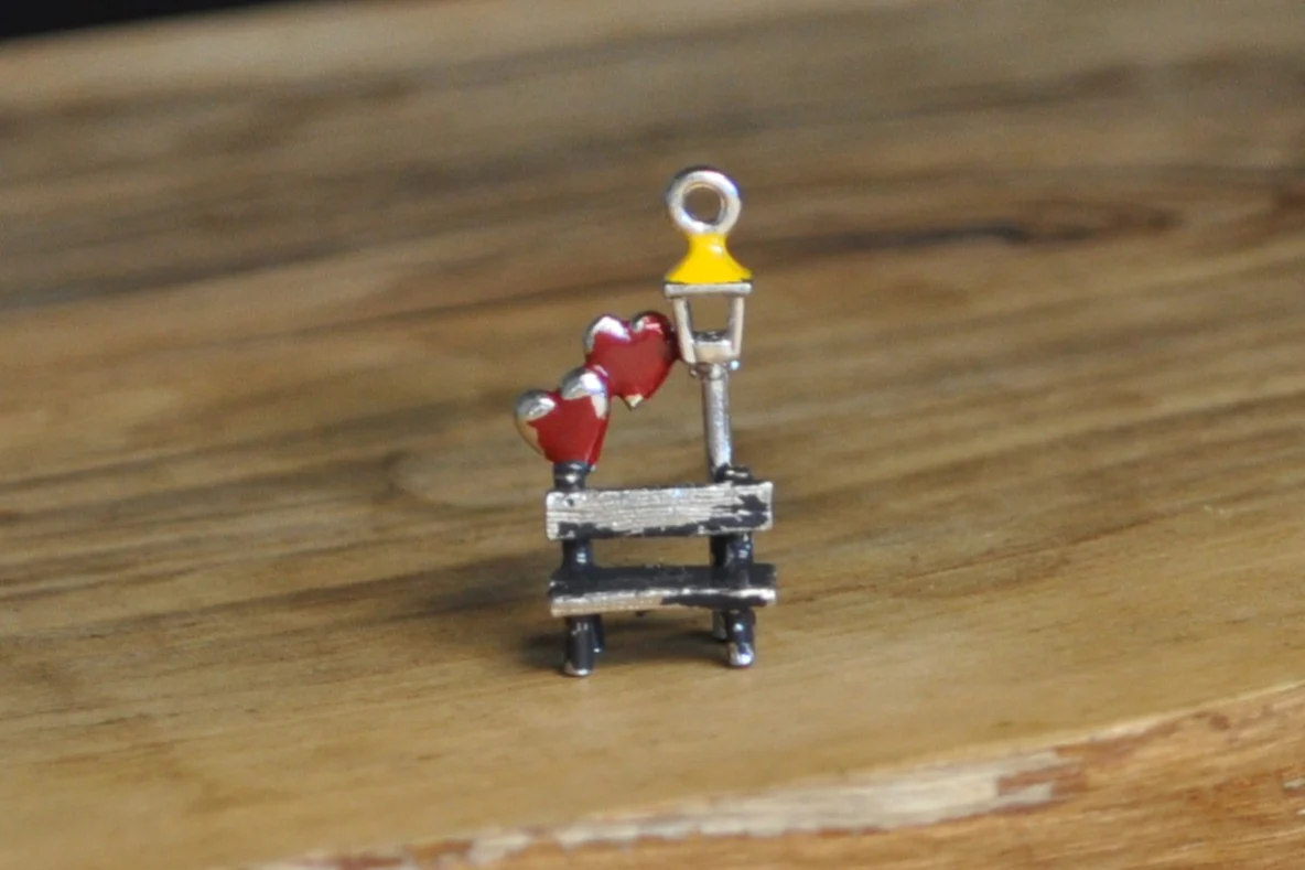 Silver Lovers Park Bench Charm - Tested Sterling Silver - Double Hearts - Valentines Charm - Image 2