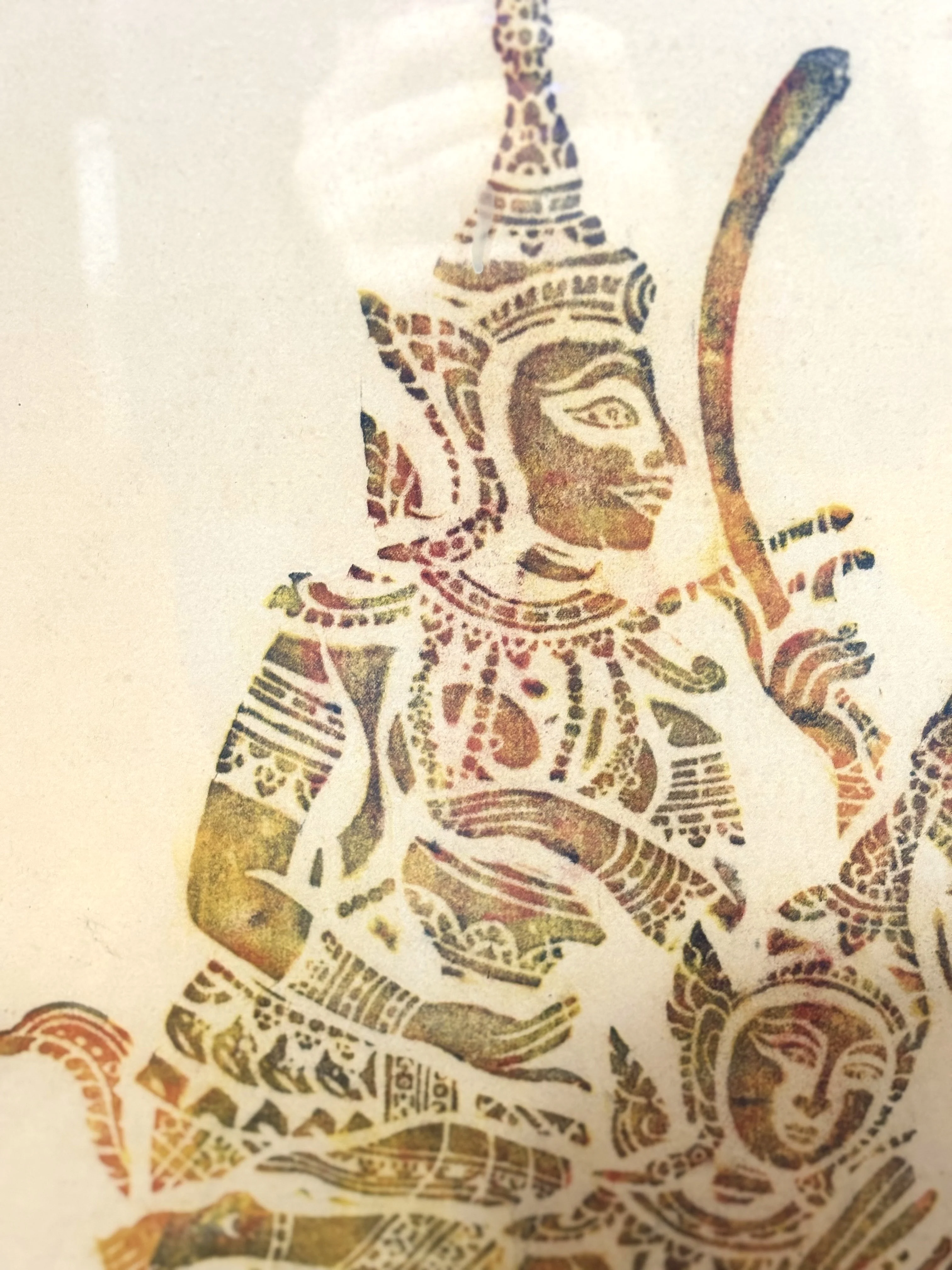 Vintage Thai Temple Rice Rubbing Framed Artwork - Thai Temple Colored Rice Rubbing Three Musicians Piece - Image 2