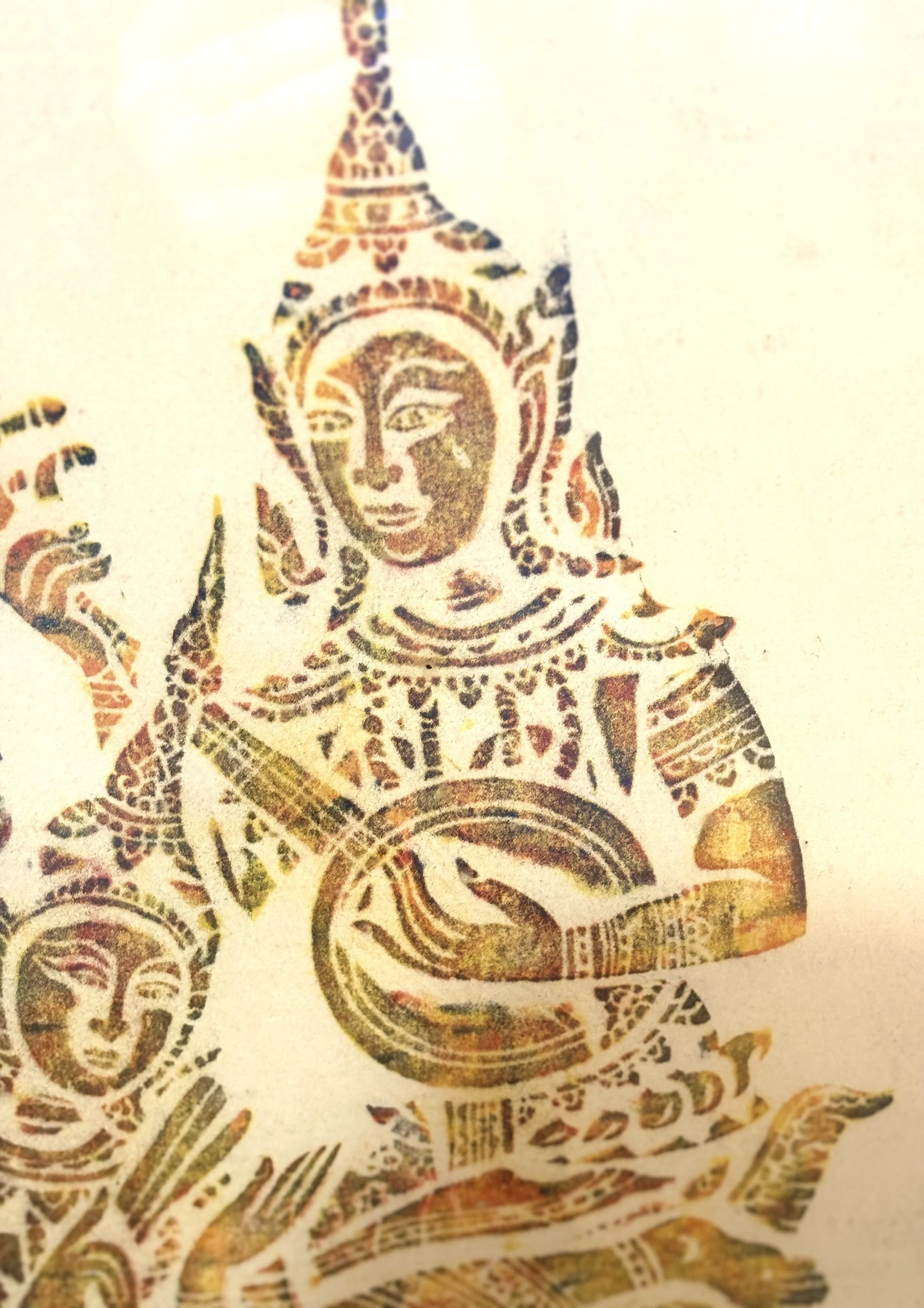 Vintage Thai Temple Rice Rubbing Framed Artwork - Thai Temple Colored Rice Rubbing Three Musicians Piece - Image 3