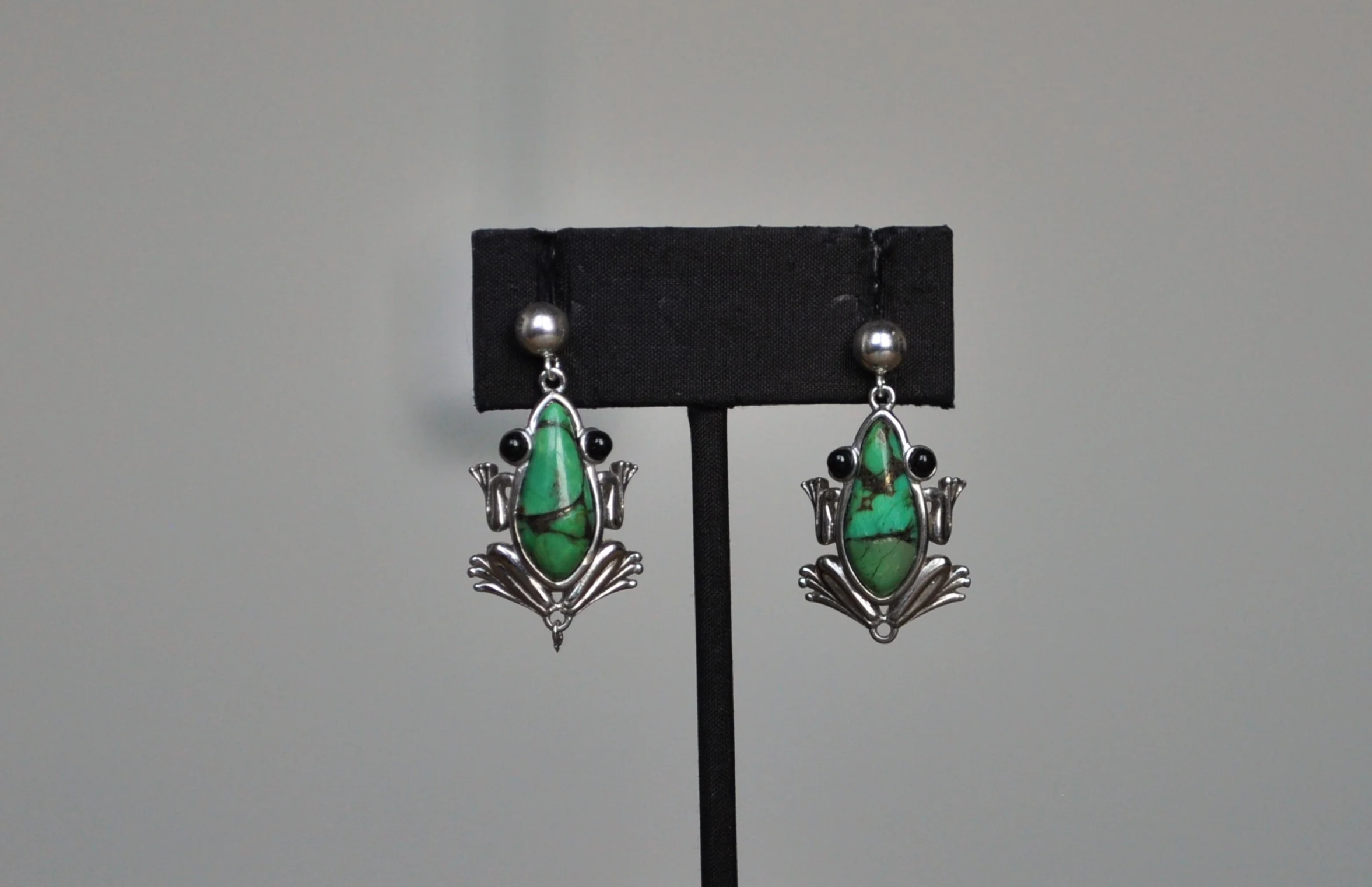 Sterling Silver Green Turquoise Frog Earrings - Stamped and Tested Sterling Silver - BBJ Jewelry - Image 2