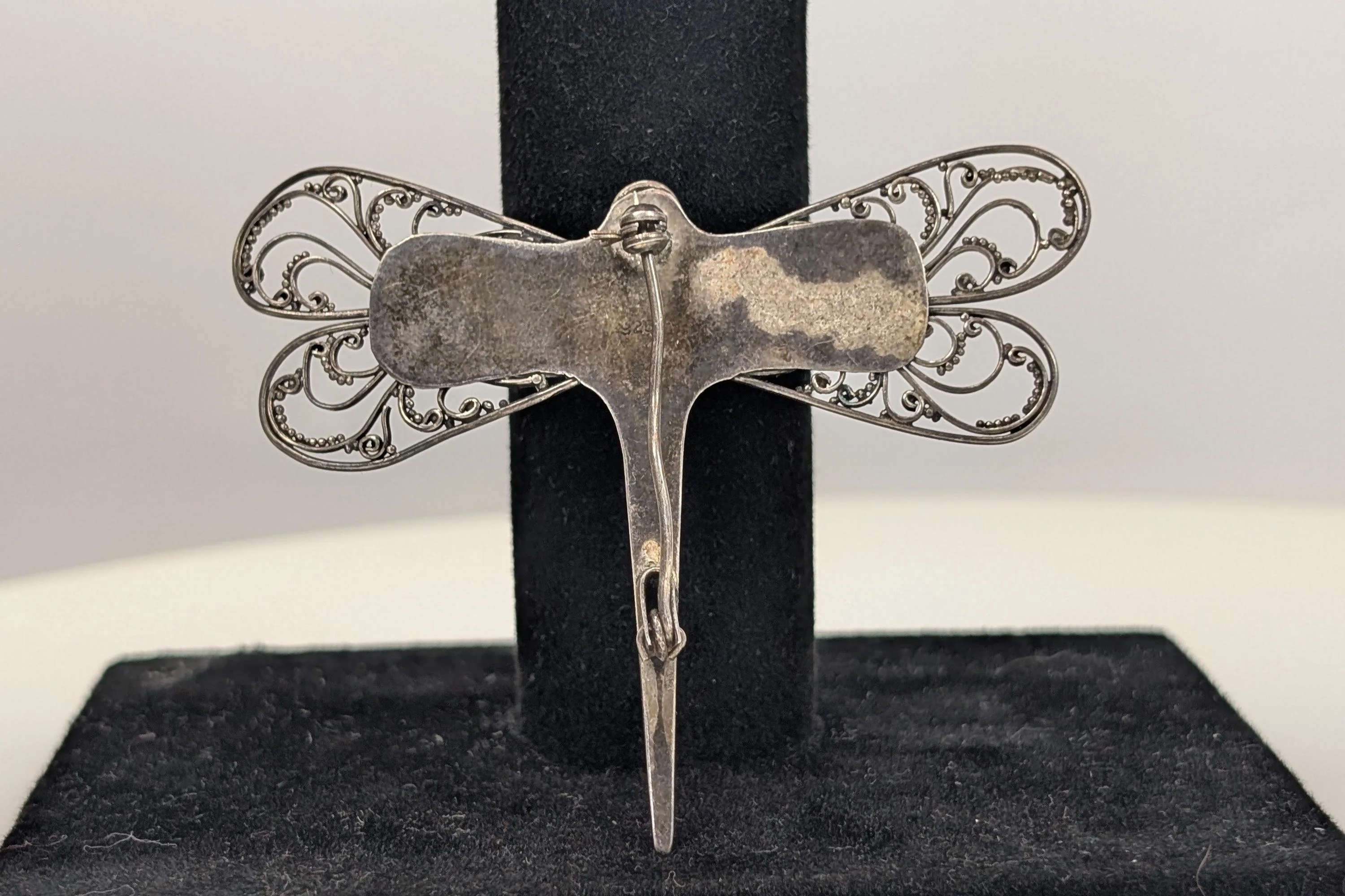 Sterling Silver Amber Dragonfly Filigree Brooch - Stamped and Tested Sterling Silver - Modernist Brooch pin - Image 3