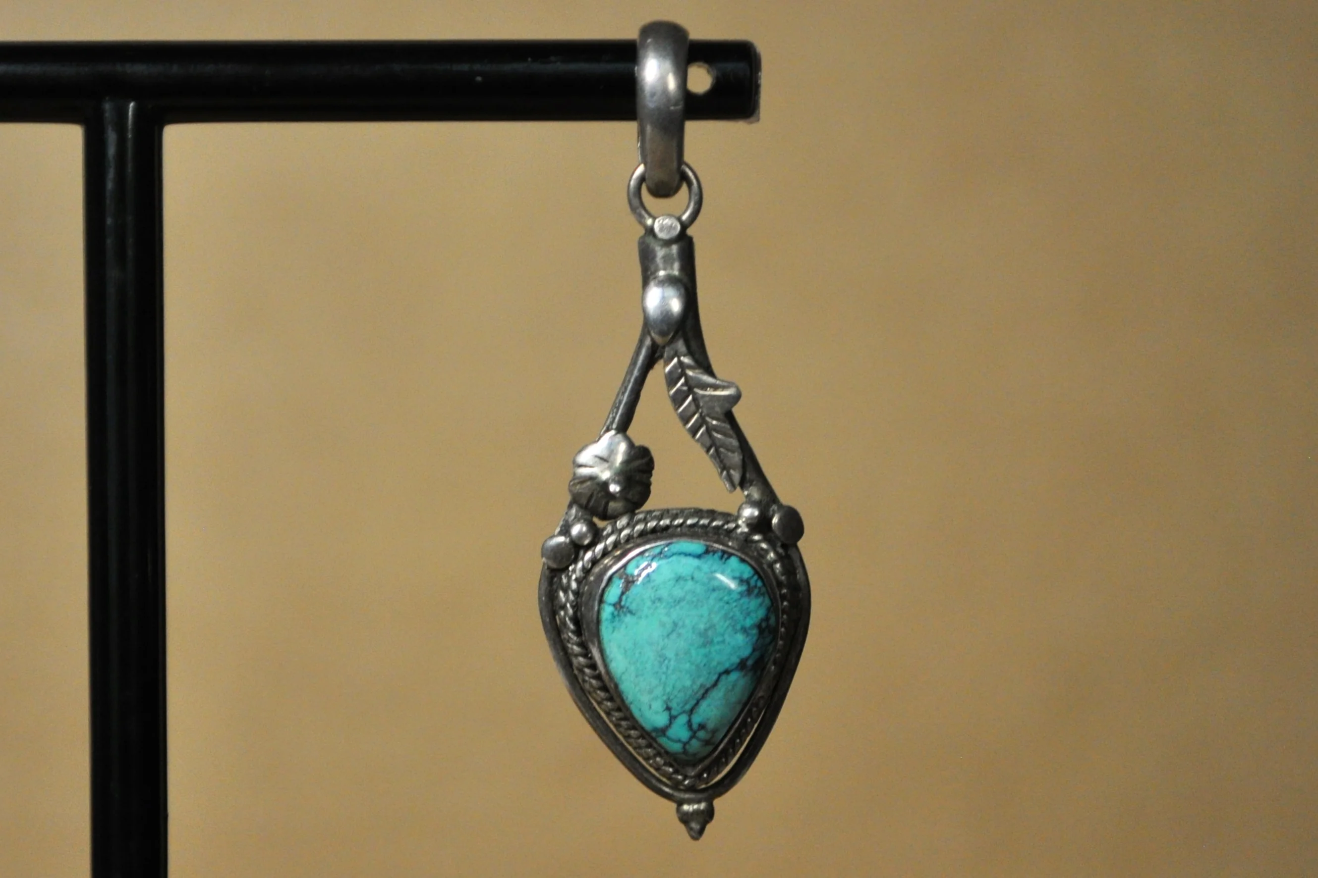 Sterling Silver Floral Teardrop Cut Turquoise Pendant - Tested Sterling Silver - Authentic Native Jewelry - Twisted Rope Bezel - Image 2