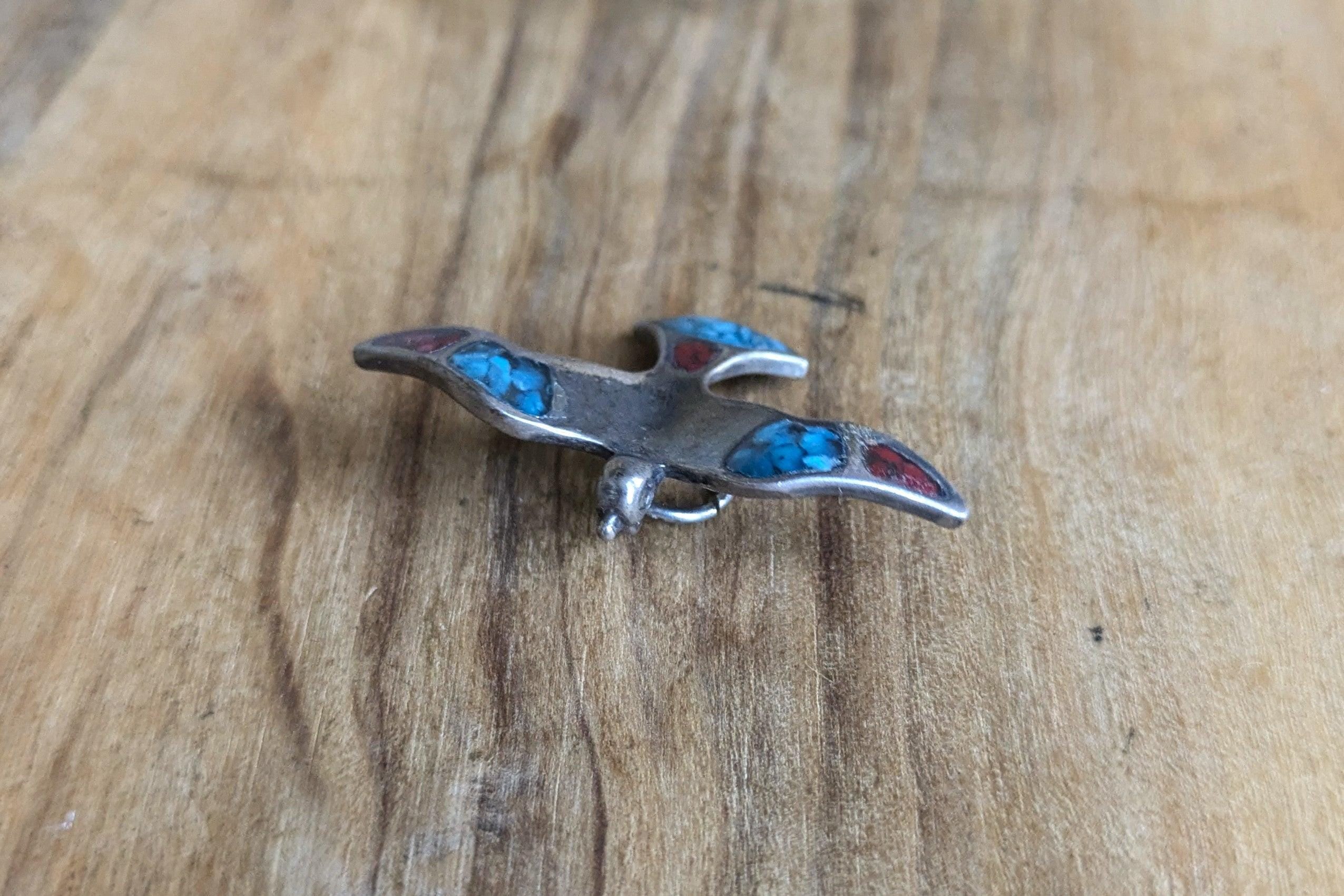 Sterling Silver Native American Southwest Turquoise Coral Inlay Thunderbird Pendant - Tested Sterling Silver - Zuni Turquoise Coral Inlay - Image 3