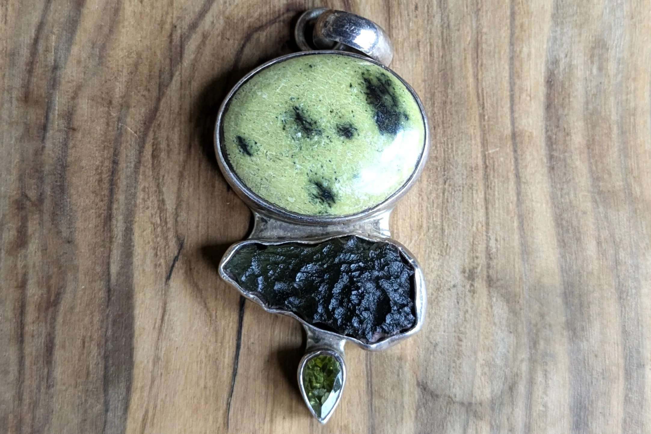 Sterling Silver Atlantisite, Moldavite, and Peridot Stone Pendant - Stamped and Tested Sterling Silver - Unique Green Multistoned Pendant - Image 3