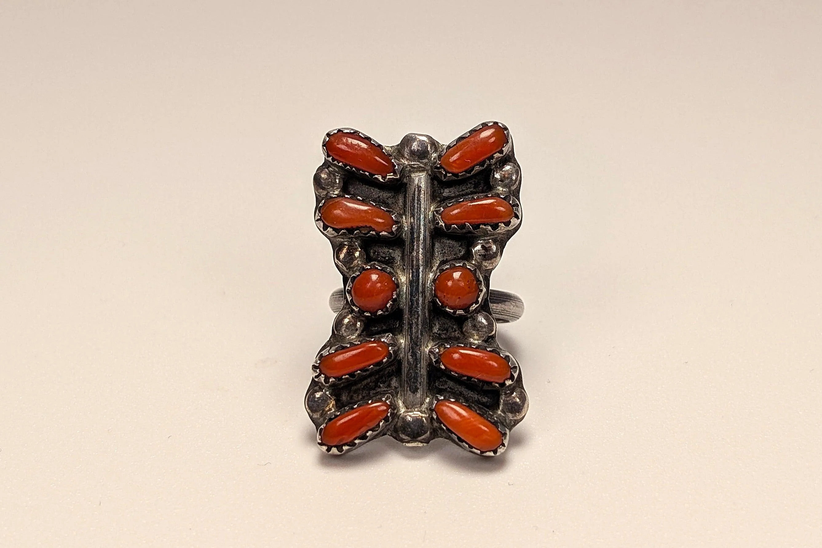 Sterling Silver Native American Southwest Coral Ring - Size 5 - Tested Sterling Silver - Zuni Coral Bar Shaped Ring - Image 2