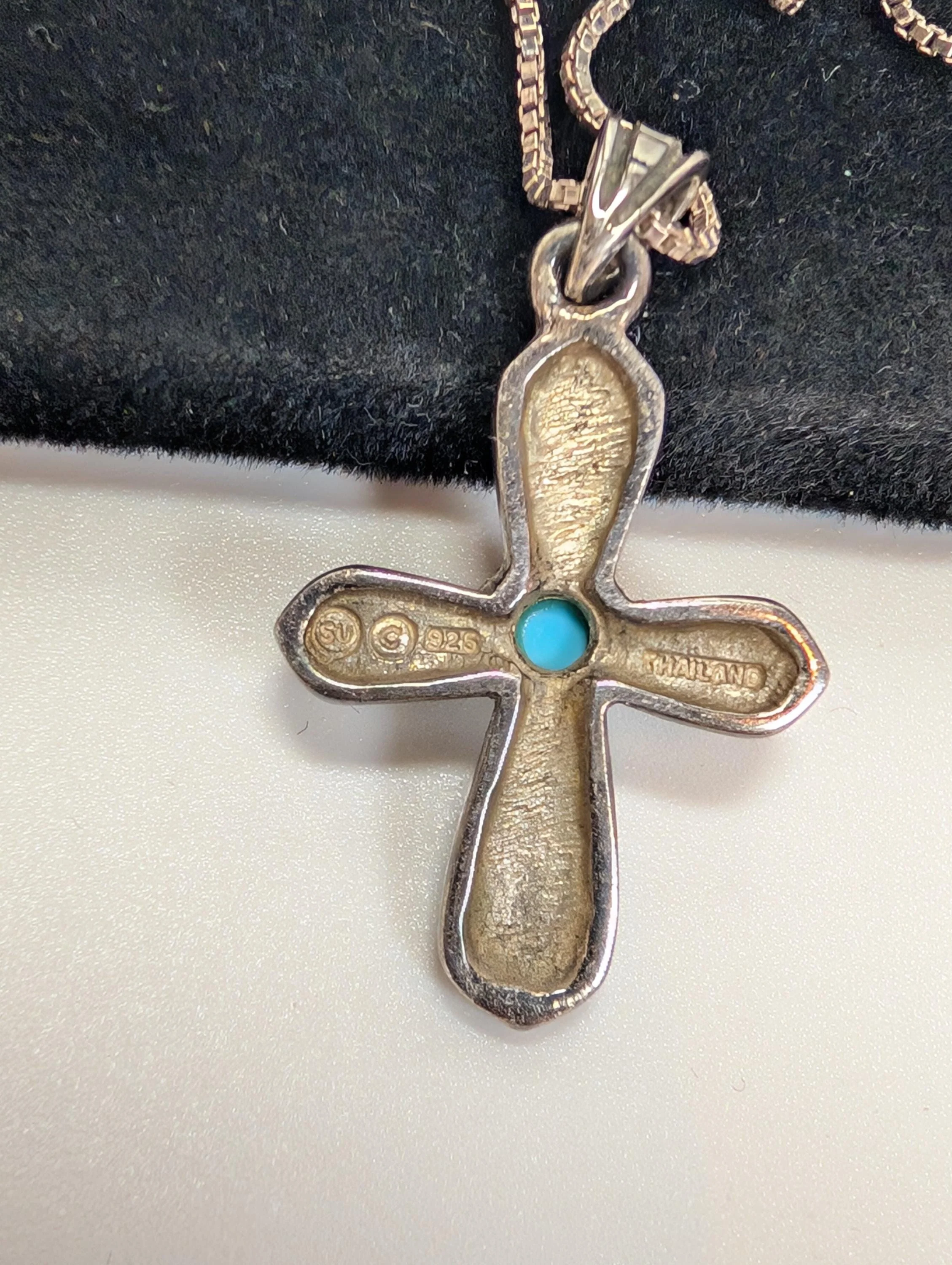 Sterling Silver Turquoise Cross Necklace - 18 Inches - Stamped and Tested Sterling Silver - Crucifix Pendant - Image 9