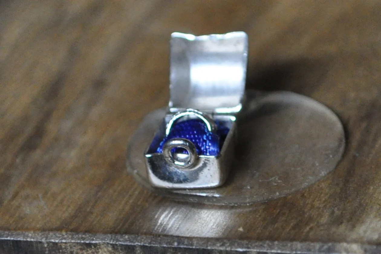 Tiny Articulated Engagement Ring with Box Charm - Stamped and Tested Sterling Silver - Wells Sterling - Blue Velvet Cloth - Image 3