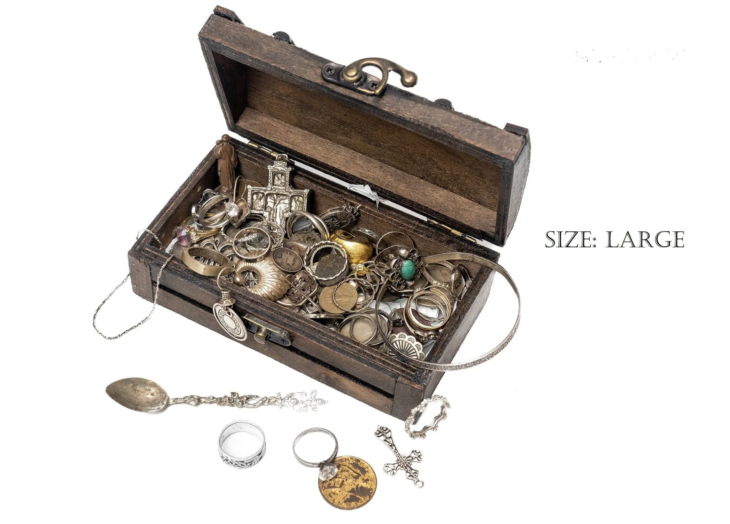 Treasure Chest Filled with Real Silver Jewelry, Old and Ancient Coins, Silver Coins, Semi-Precious Stones, Amulets and More! - Great Gift! - Image 4