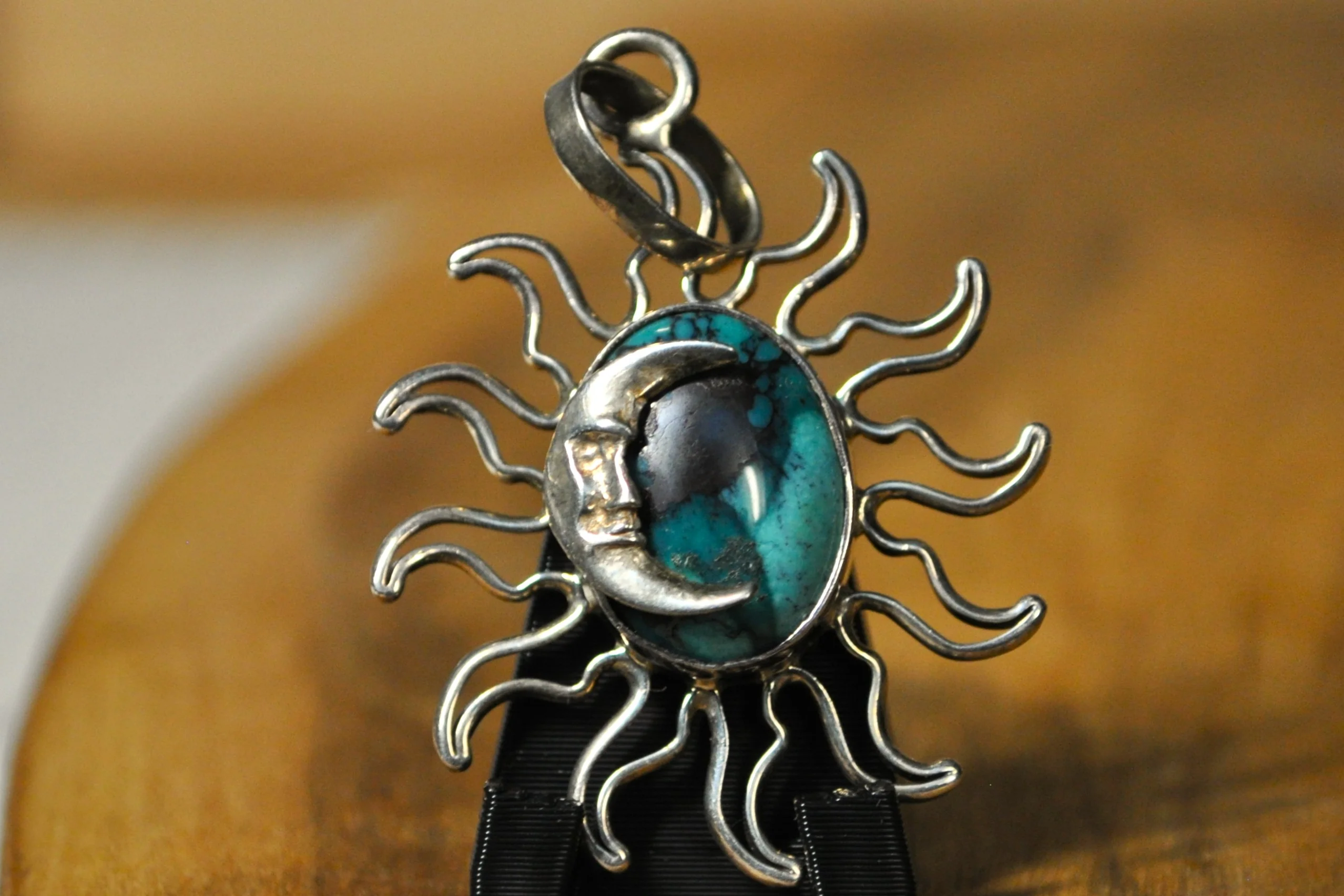 Beautiful Turquoise Crescent Moon and Sun Charm - Stamped and Tested Sterling Silver - Anthropomorphic Moon - Image 3